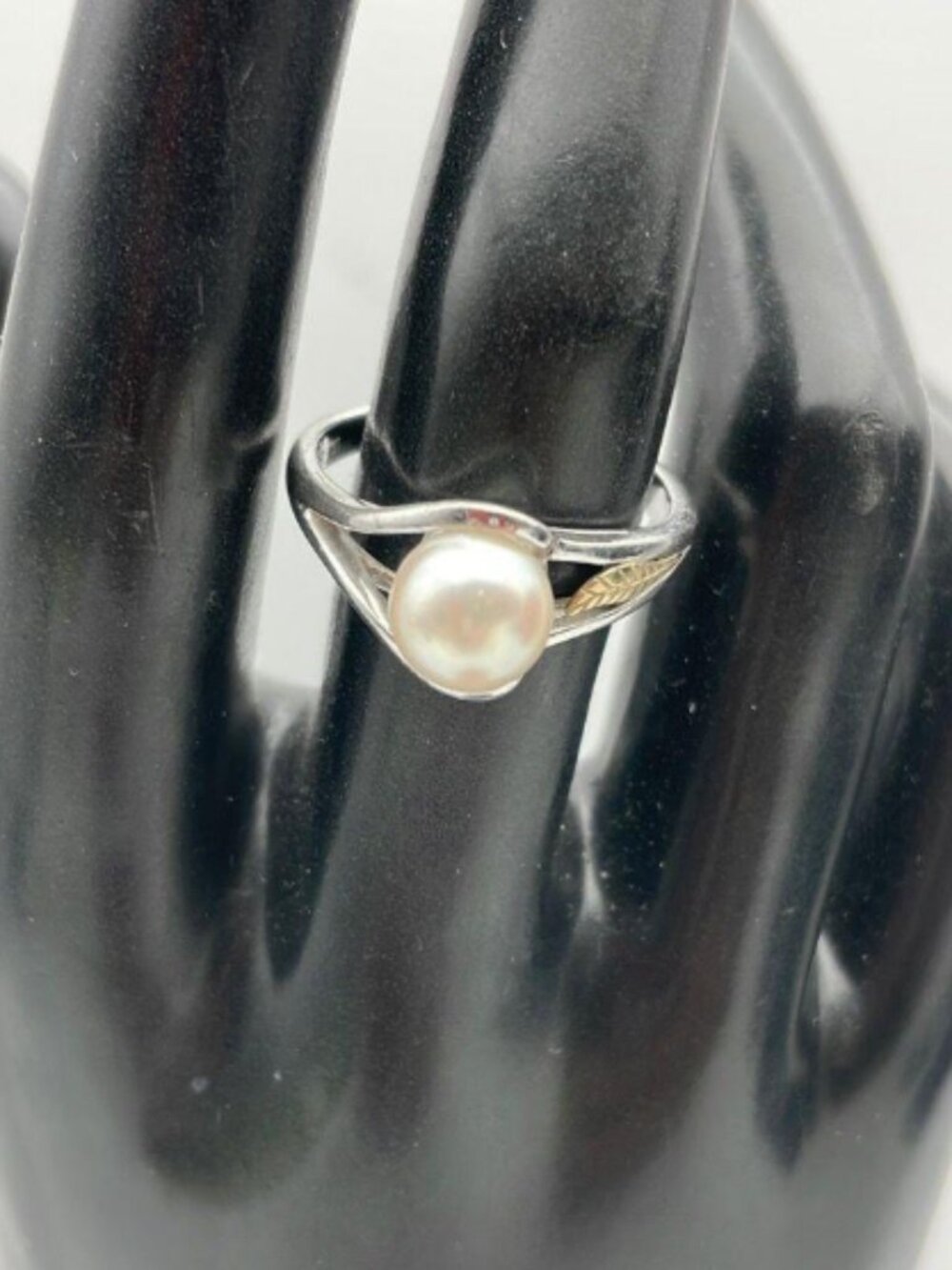 PF Sterling Silver 14k Yellow Gold Accent Pearl Solitaire Ring Size 7.25 - 3.5g
